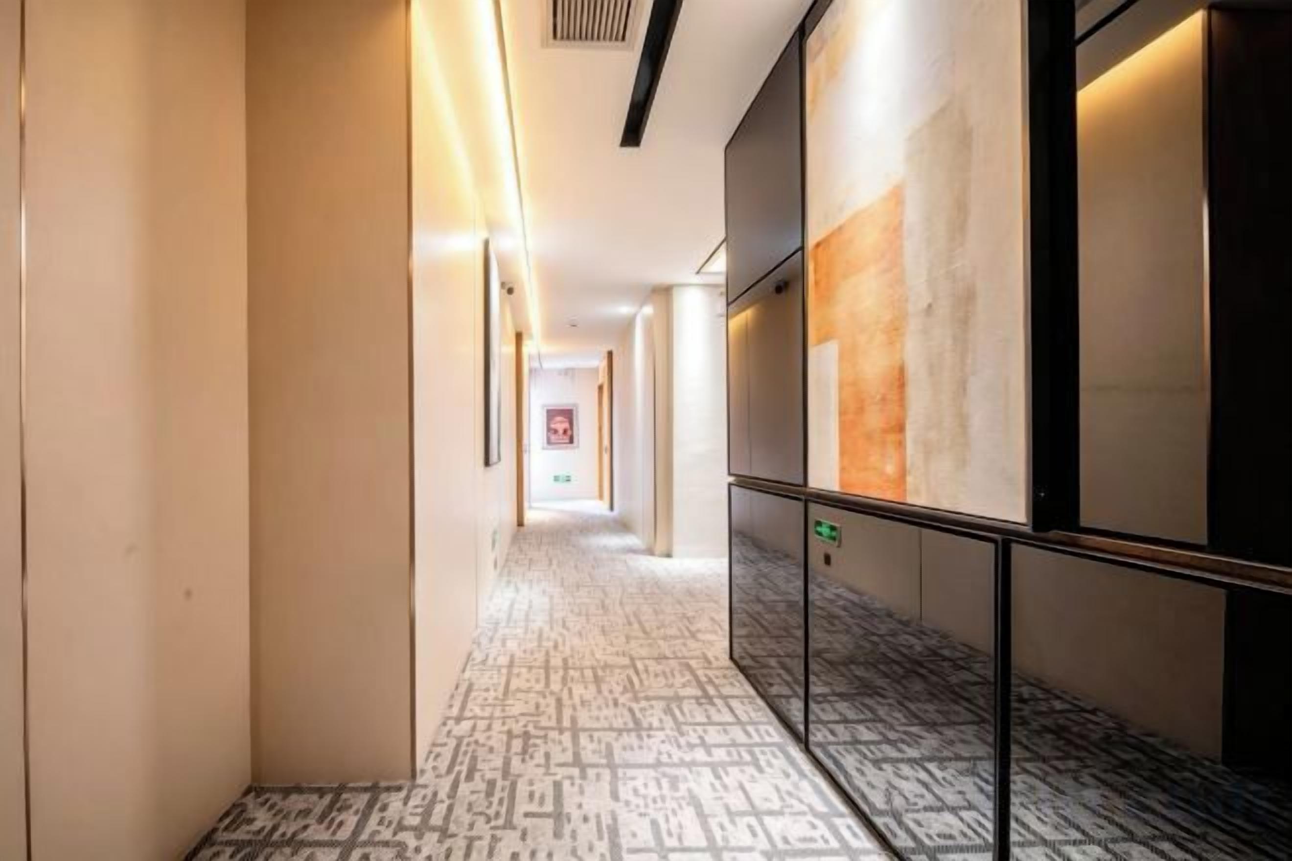 Pasillo de hotel con alfombra estampada, barandilla y un ascensor adosado a la pared.