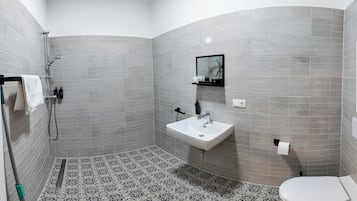 Shower, hair dryer, slippers, heated floors