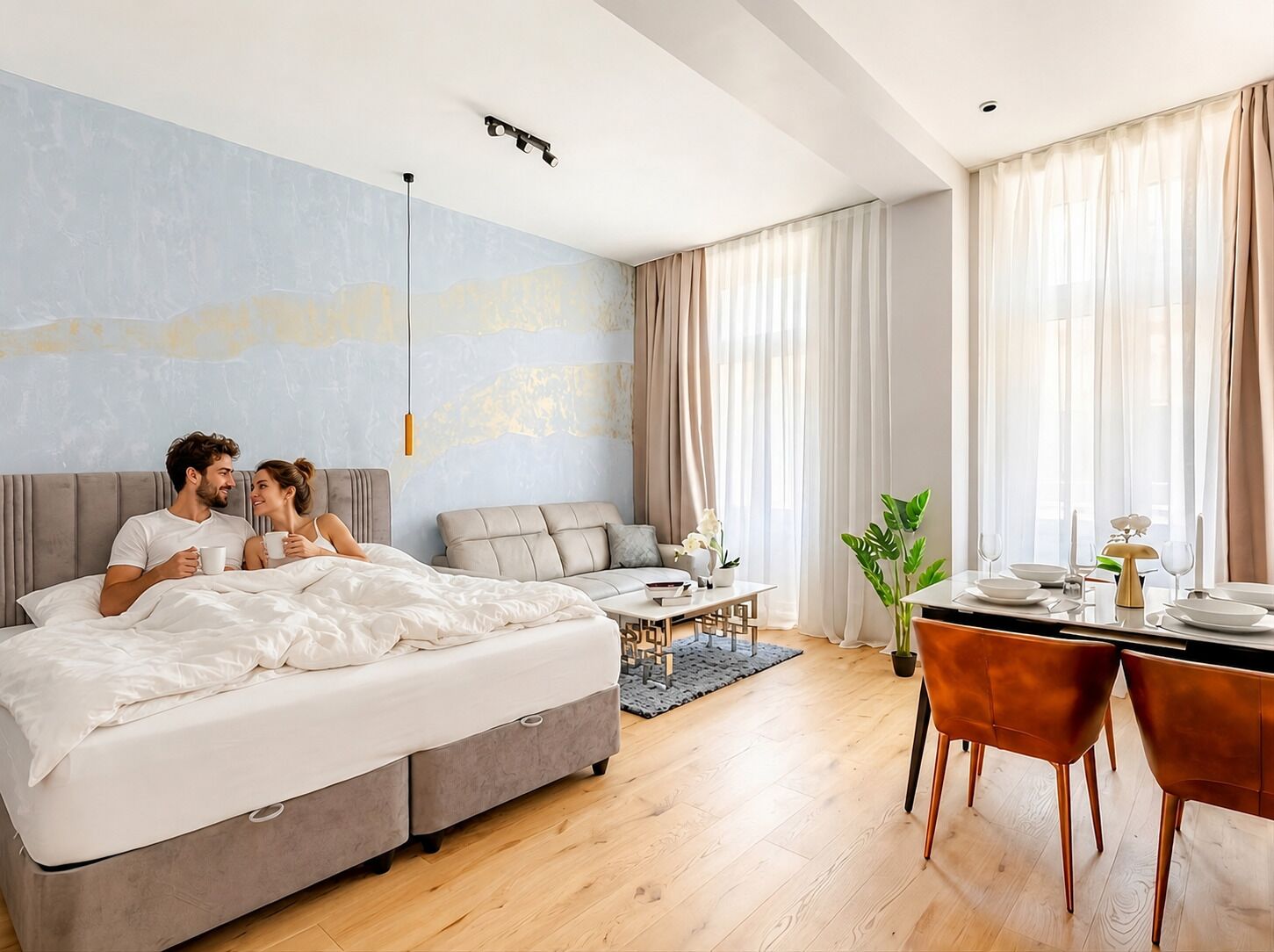 Et moderne hotelværelse med seng, sofa, spisebord med stole og et stort vindue med gardiner.
