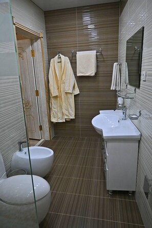Hair dryer, bathrobes, slippers, towels