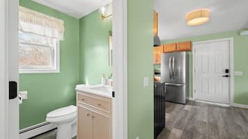 Hair dryer, towels, soap, shampoo