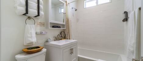 Hair dryer, towels, soap, toilet paper