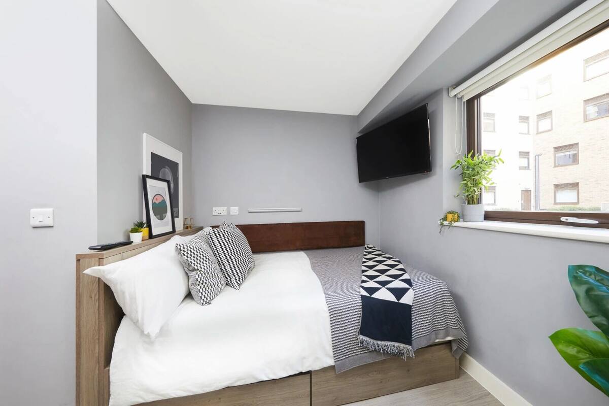 Une chambre à coucher avec un lit, un téléviseur fixé au mur, une fenêtre donnant sur des immeubles et une plante posée sur le rebord de la fenêtre.