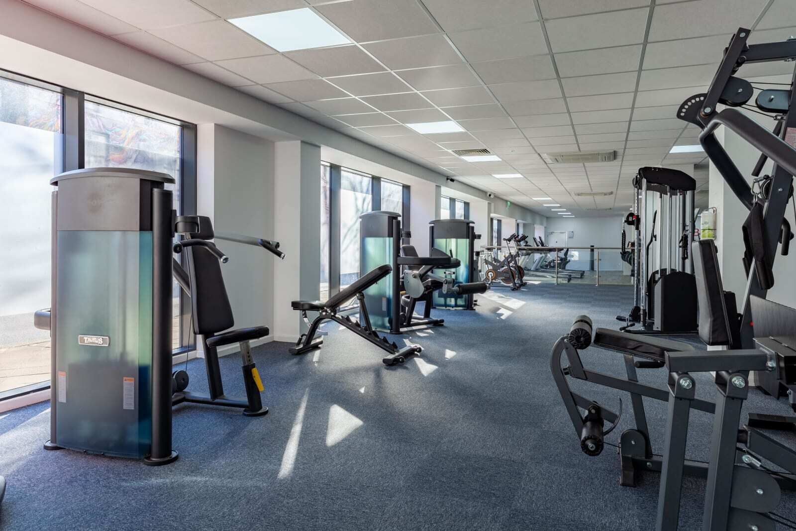 Een sportschool met diverse fitnessapparaten, grote ramen en een vloer met blauw tapijt.
