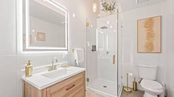 Hair dryer, towels, soap, shampoo