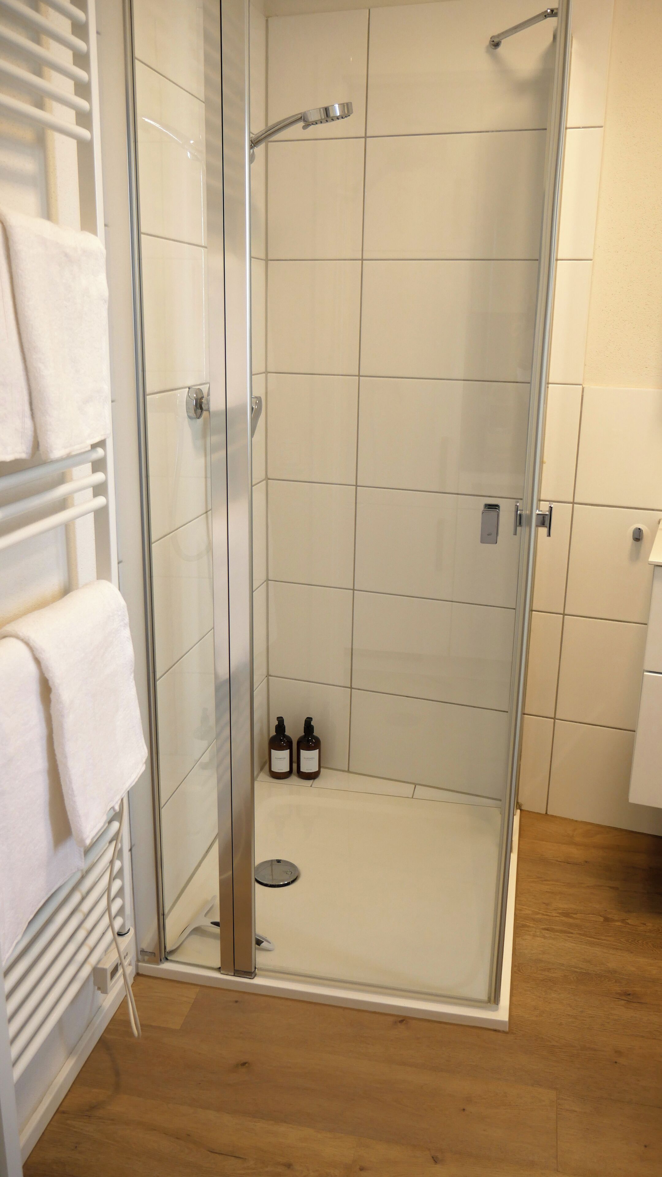 Dusche, Haartrockner, Handtücher, Seife
