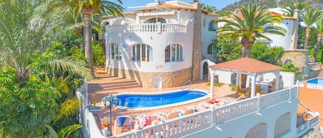 A large villa with a swimming pool, surrounded by lush greenery and palm trees.