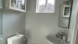 A bathroom with a toilet, sink, and mirror. - Charming studio in enchanting Napa walking distance to downtown (Napa)