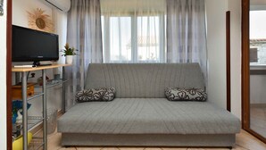 Un salon avec un canapé gris, deux coussins à motifs, un téléviseur fixé au mur, une plante en pot et une fenêtre ornée de rideaux légers.