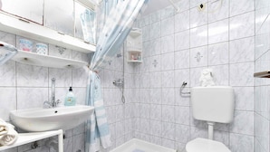 Une salle de bain équipée d’un lavabo, de toilettes, d’une douche et d’une petite baignoire.