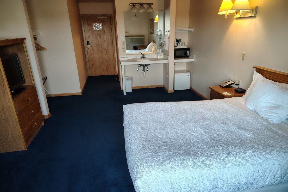 Habitación de hotel con una cama grande, un escritorio con espejo, un microondas y un teléfono en la mesita de noche.