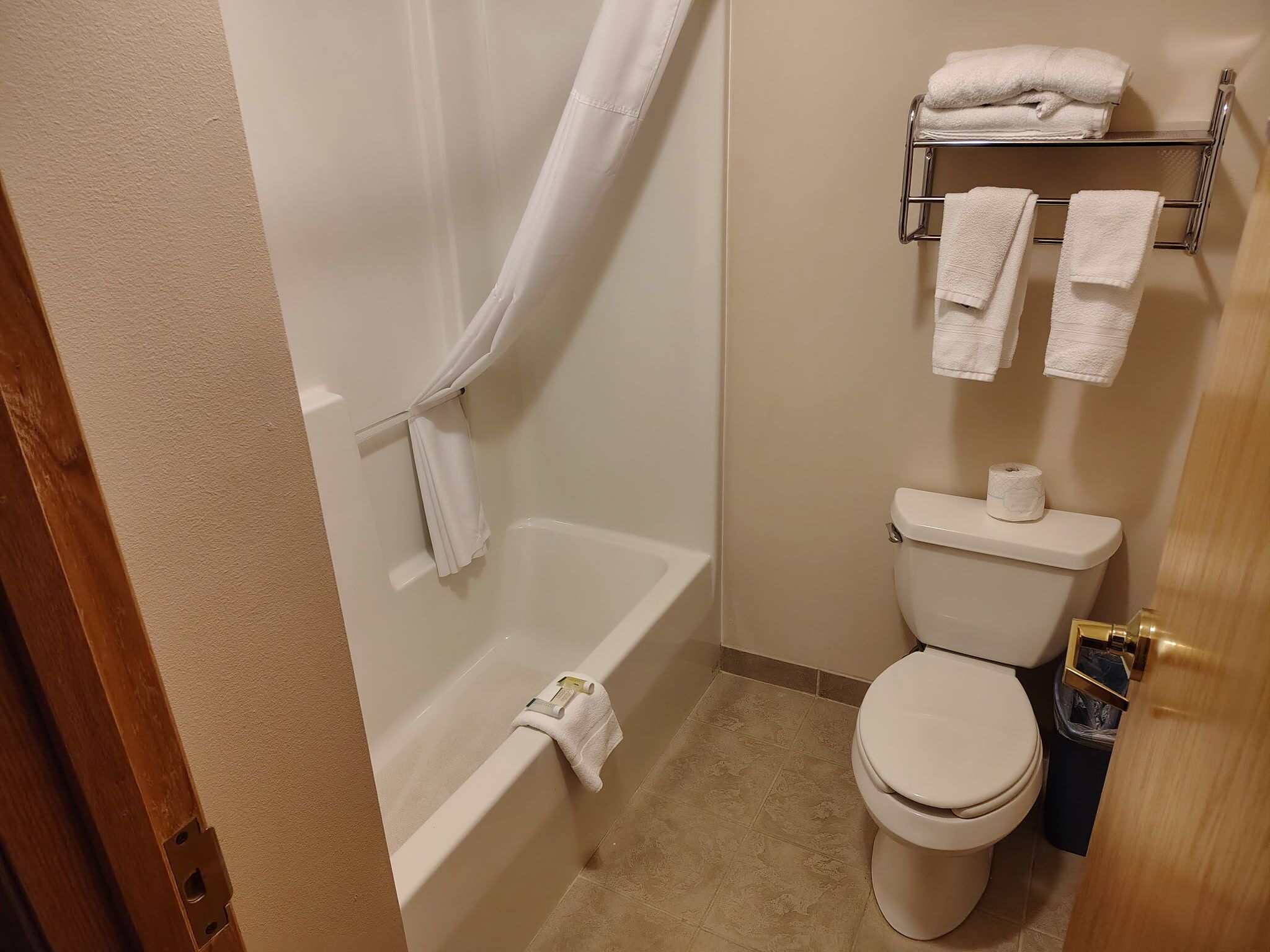 Separate tub and shower, free toiletries, towels, soap