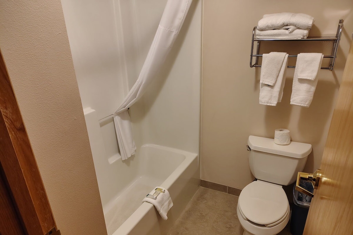 Separate tub and shower, free toiletries, towels, soap