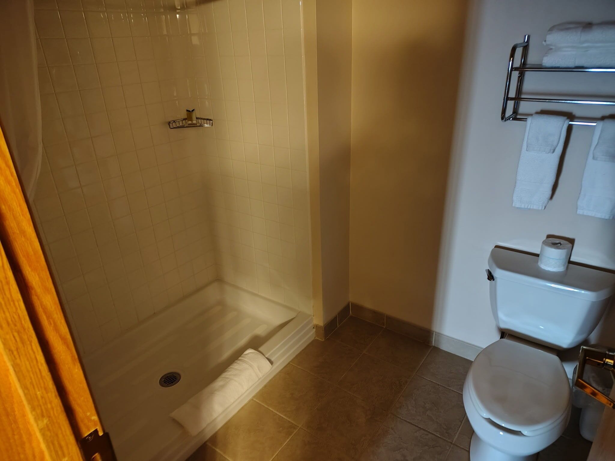 Kylpyhuone, jossa on suihku, wc ja pyyheteline.