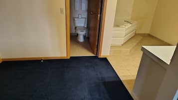 Een kamer met een donker vloerkleed, een houten deur, een toilet en een klein wastafelgedeelte.
