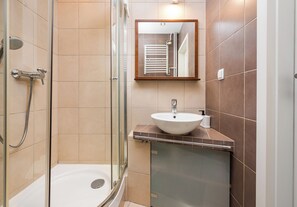 Shower, hair dryer, towels