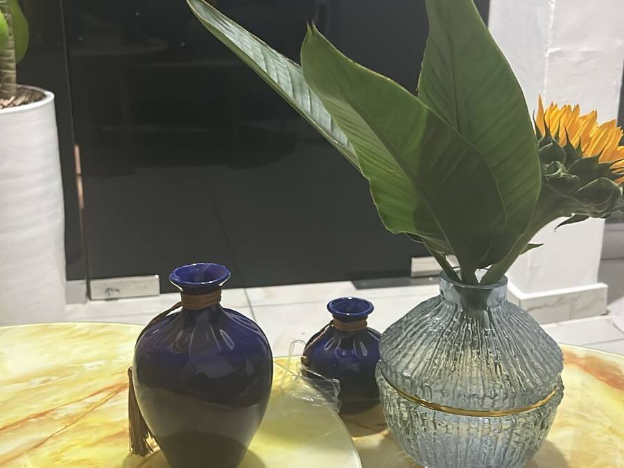 A table with three vases, one with a plant and two with blue caps.