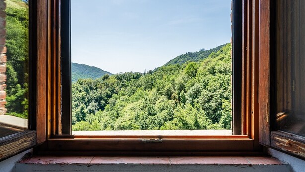 A window with a view of a forested hillside. - Apartment 'Le Stalle' with Mountain View, Shared Pool and Wi-Fi (Pietrabuona)