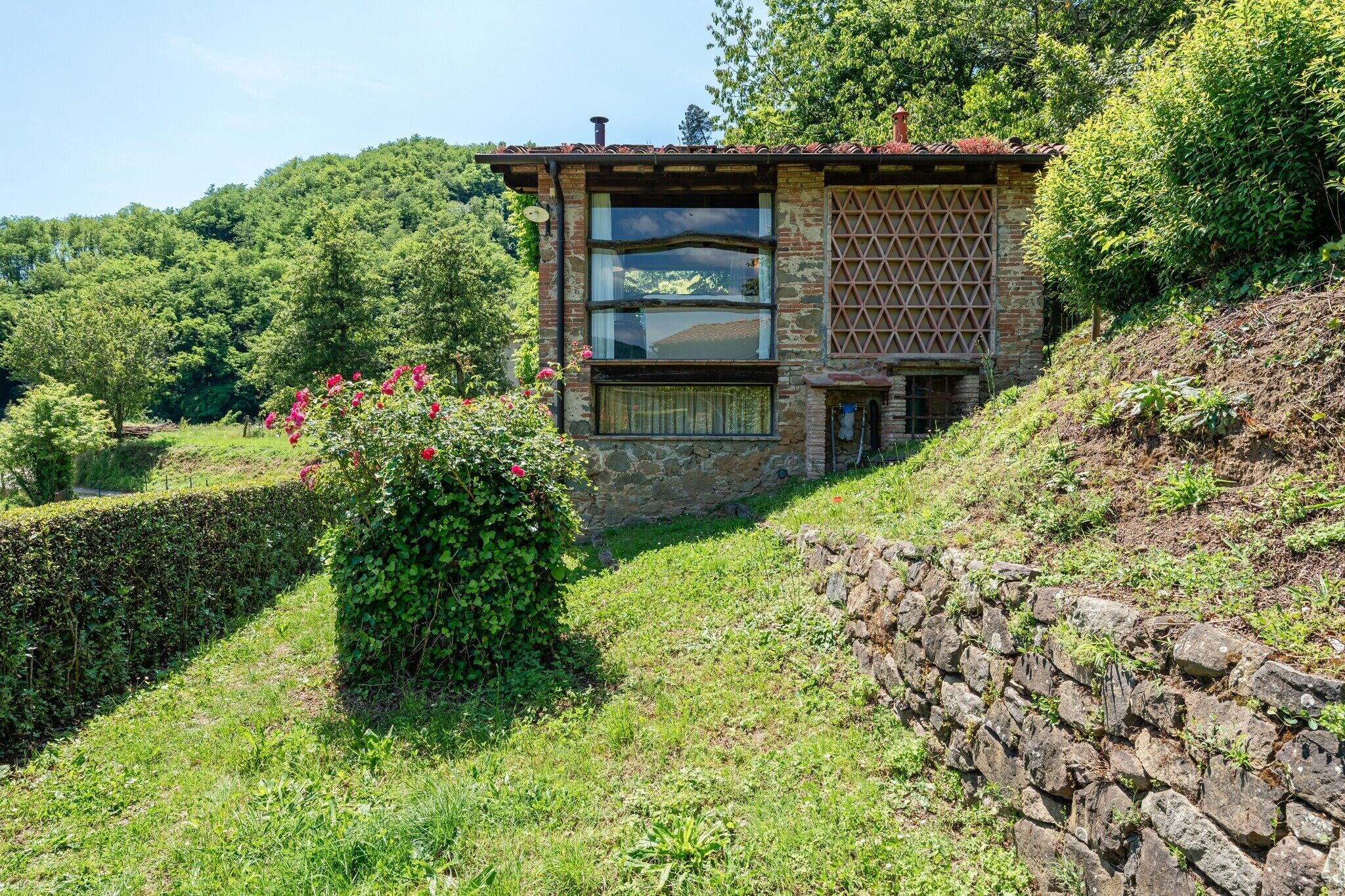 Edifici de pedra amb una finestra, envoltat de vegetació i un mur de pedra.