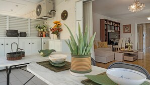 A kitchen with a marble countertop, a potted aloe plant, and a dining table with a bowl and a basket.