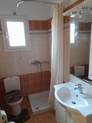 Une salle de bain avec une douche, des toilettes, un lavabo et une fenêtre.