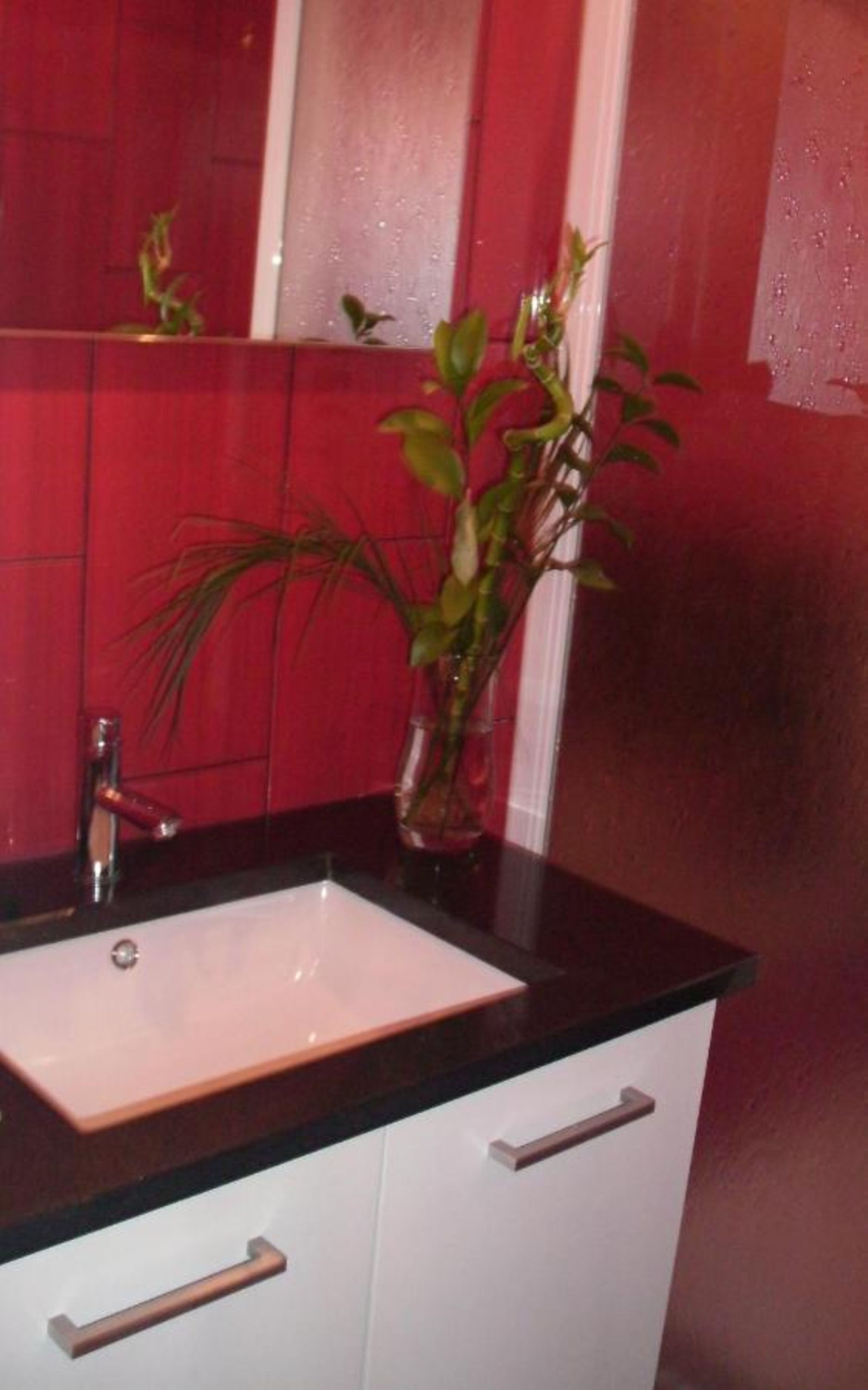 A bathroom with a white sink, black countertop, and a mirror.