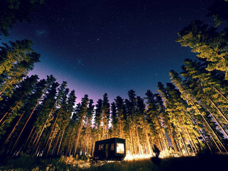A cabin in a forest at night with a starry sky.
