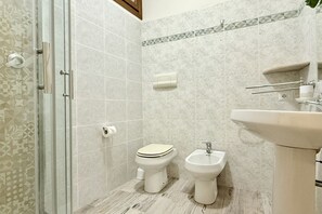 Shower, hair dryer, bidet, towels