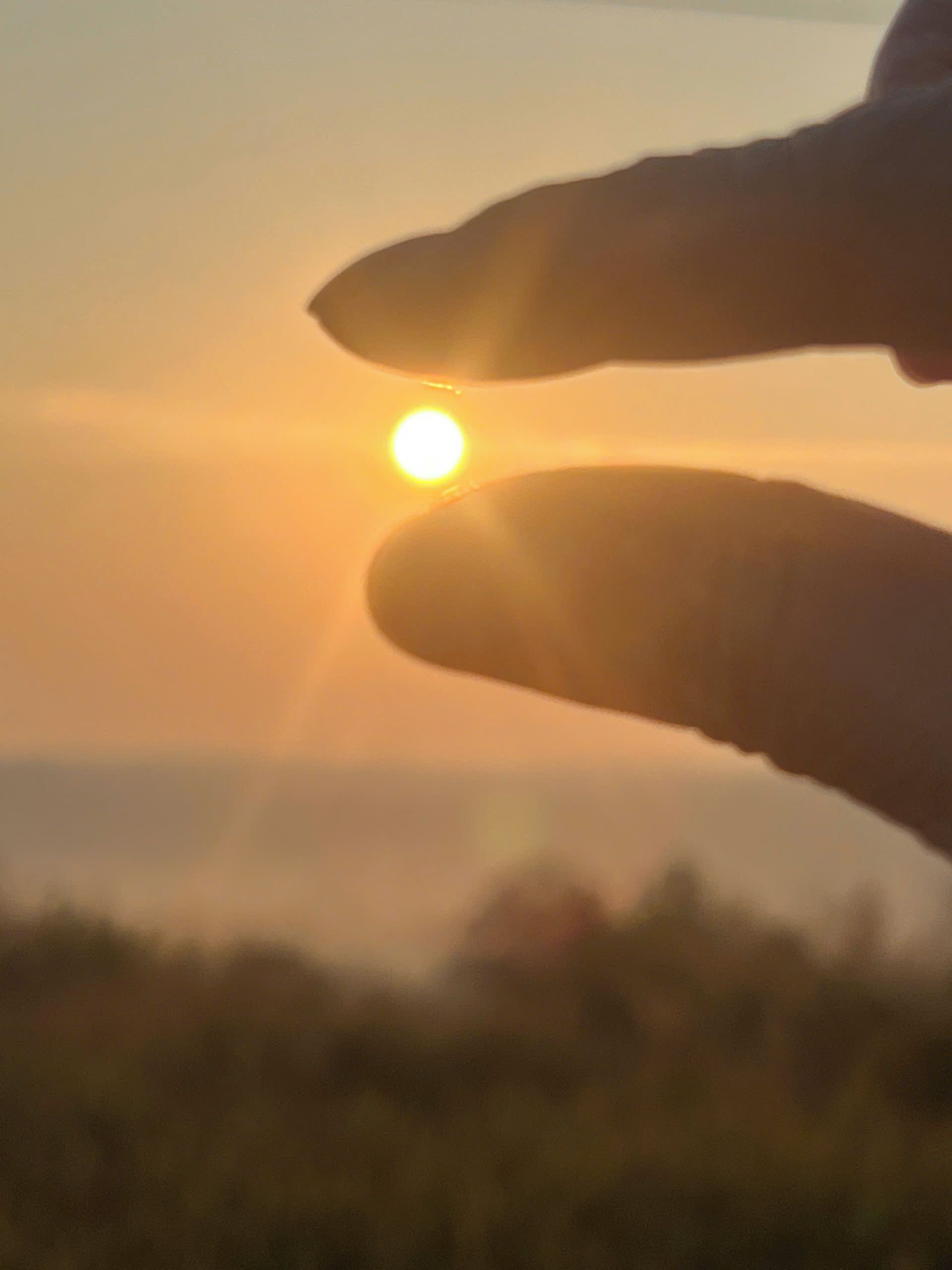 Una mano con le dita leggermente divarte che tiene un sole luminoso in basso nel cielo.