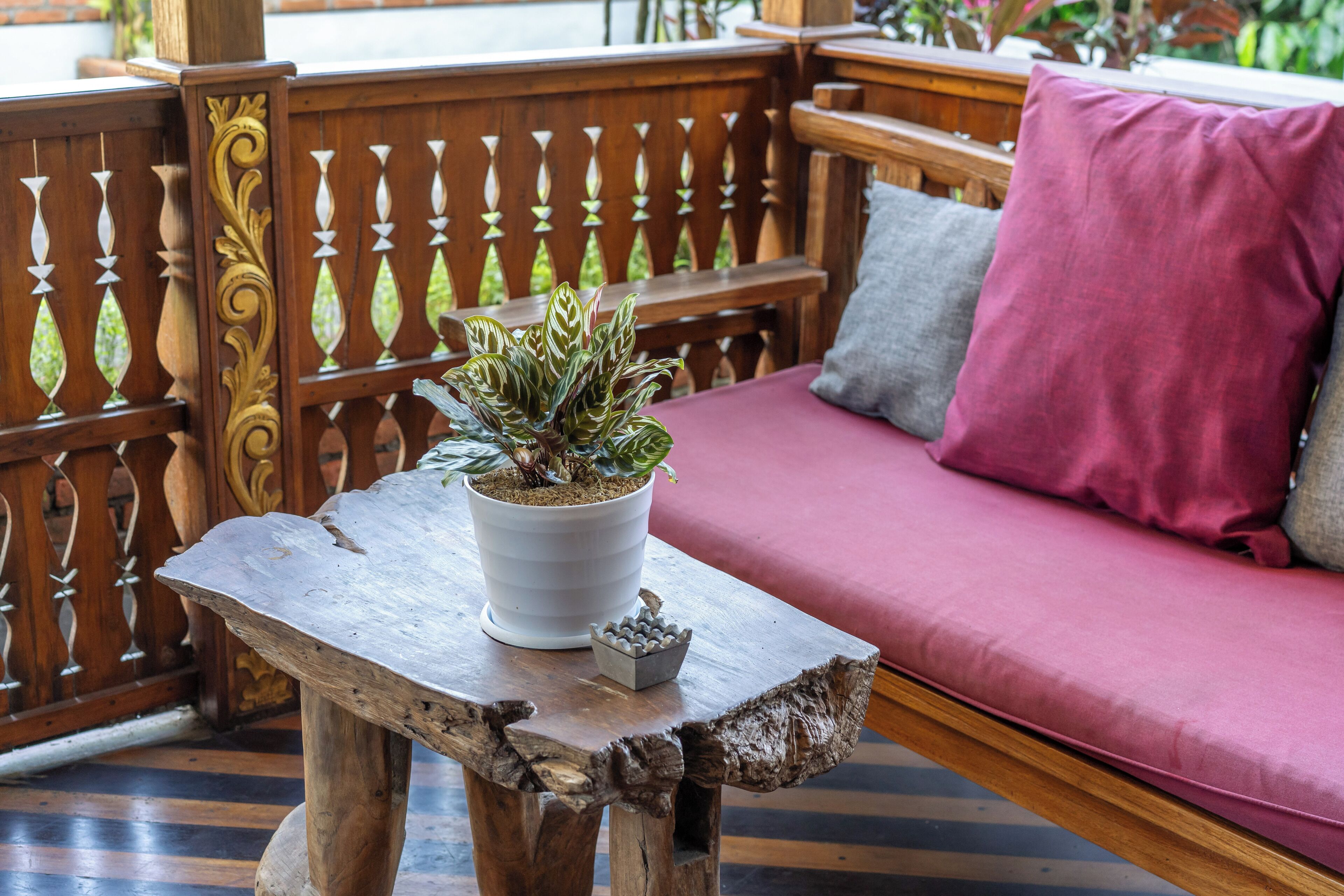 Un banc de fusta amb una planta en test i un petita safata de pedres decoratives.