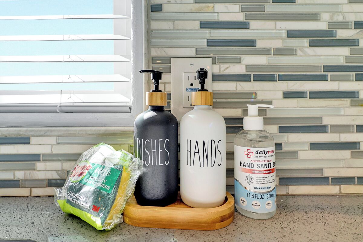 Eine Küchenarbeitsplatte mit zwei Seifenspendern, beschriftet mit 'DISHES' und 'HANDS', einer Tüte Lebensmittel und einer Handdesinfektionsmittel-Flasche.