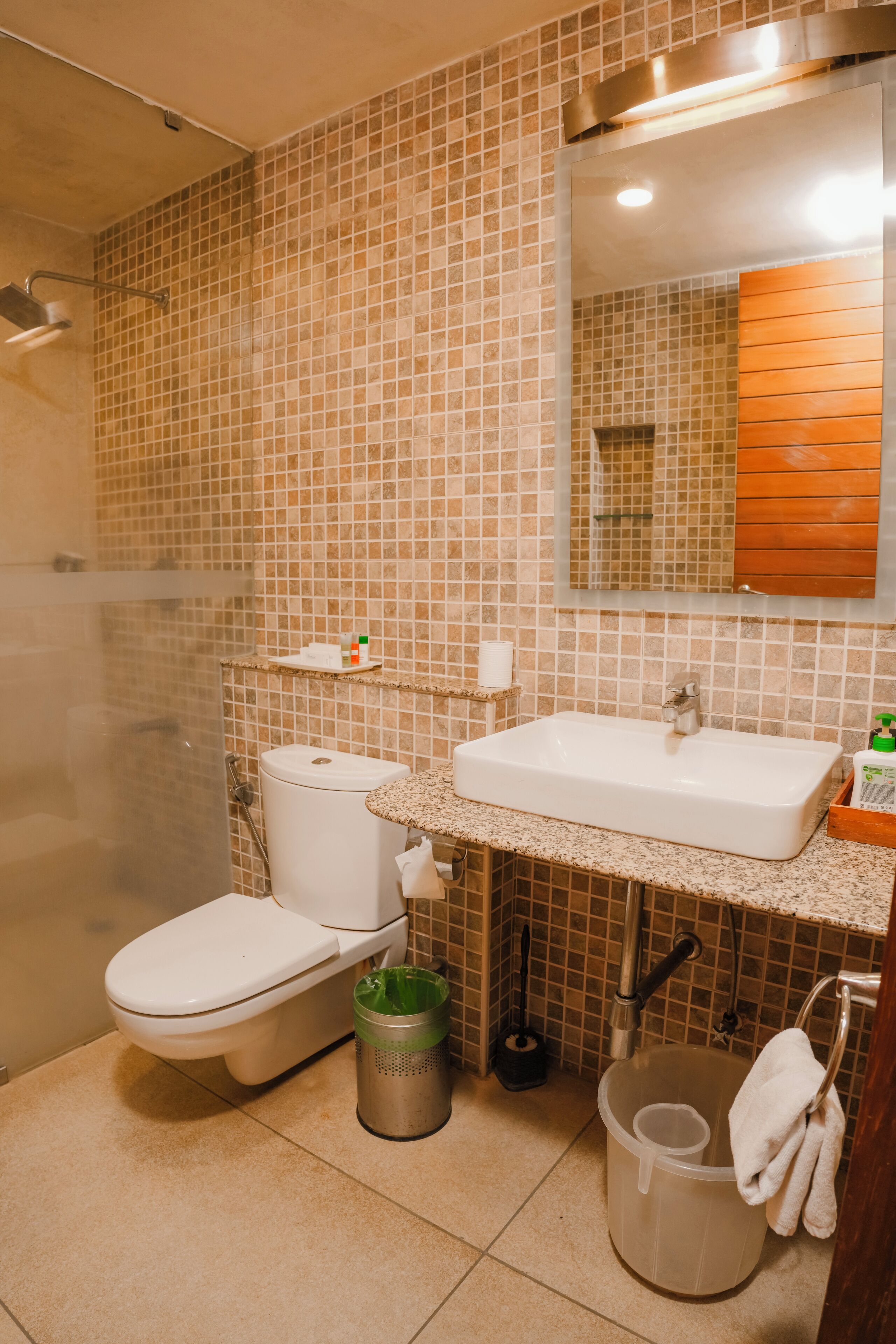 A bathroom with a toilet, sink, and shower.