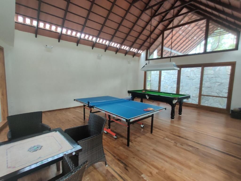 Une pièce équipée d’une table de ping-pong, d’une table de billard et d’une table de jeu de flipper.