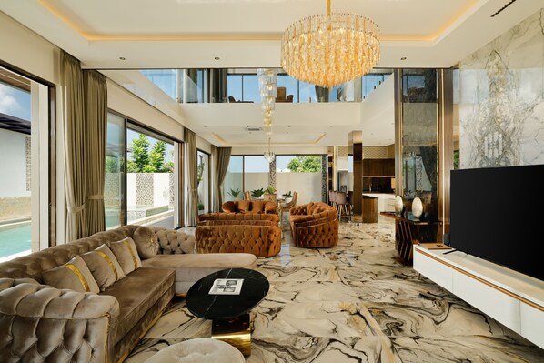 Villa, 4 Bedrooms, Private Pool | Living room | 44-inch LCD TV with cable channels