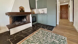 A modern kitchen with a stone fireplace, light blue cabinets, and a patterned rug. - Yéti 3 - T3 + Mezzanine (CHATEL)