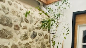 Una habitación en esquina con pared de piedra, una mesa de madera con dos sillas, una planta en maceta y una puerta.