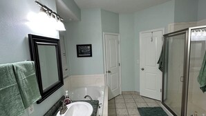 A bathroom with a sink, mirror, and shower area.