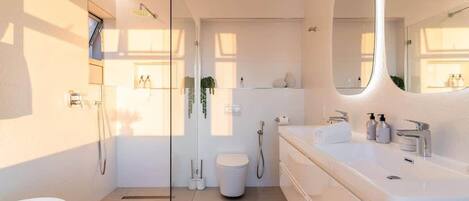 A modern bathroom with a glass shower enclosure, a large mirror, and a white sink.