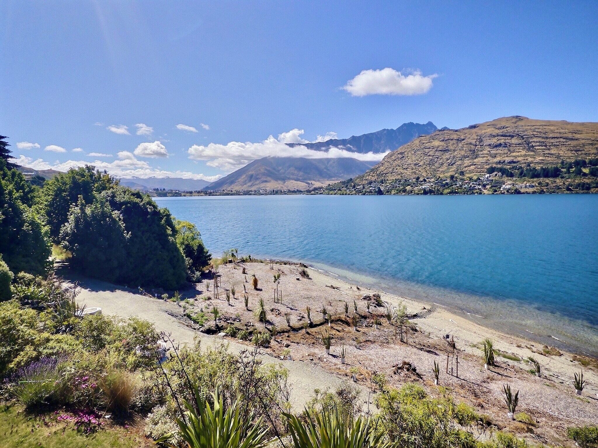 Blick auf einen See bei klarem Himmel, mit Bergen im Hintergrund und einer Sandküste mit spärlicher Vegetation.