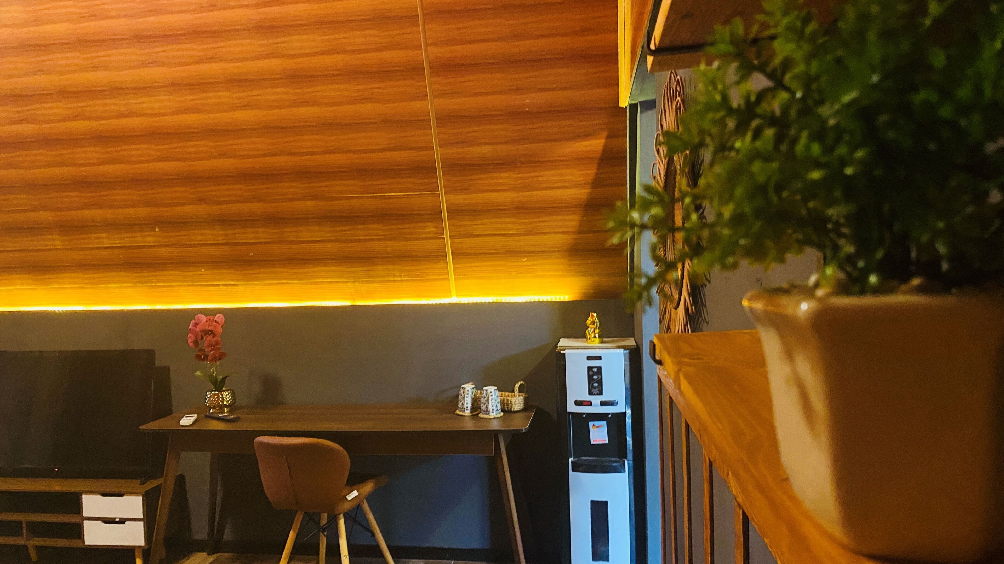 A cozy room with a wooden ceiling, a desk with a chair, a potted plant, and a small refrigerator.