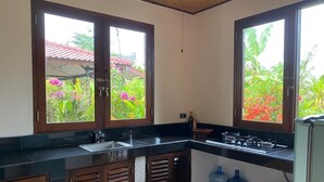 Cozinha com duas janelas, uma pia, um fogão e armários.