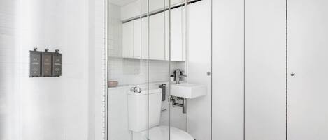 A modern bathroom with a toilet, sink, and glass shower enclosure.