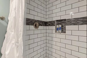 Hair dryer, towels, soap, shampoo