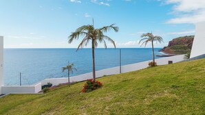 A coastal view with a grassy slope, palm trees, and a clear blue sky. - GuestReady - Endless Ocean Views (Santa Cruz)