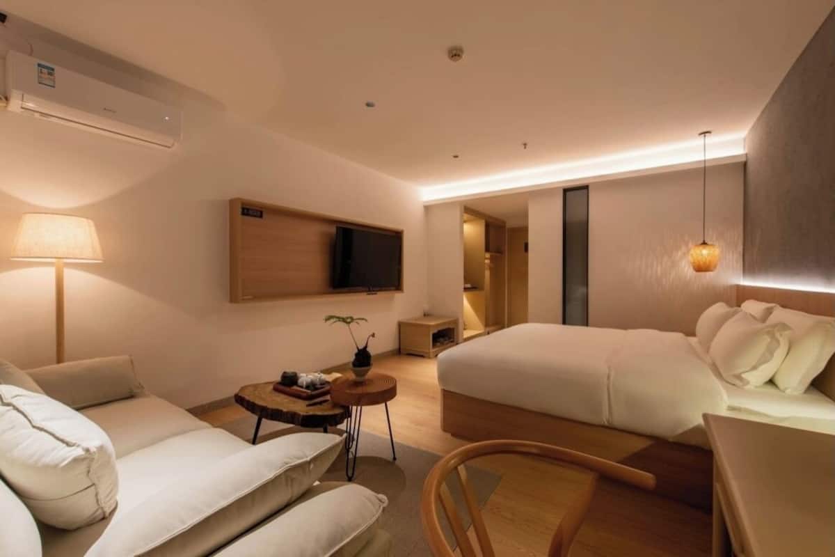 Una habitación de hotel moderna con sofá, cama, una mesita con una planta y un televisor montado en la pared.