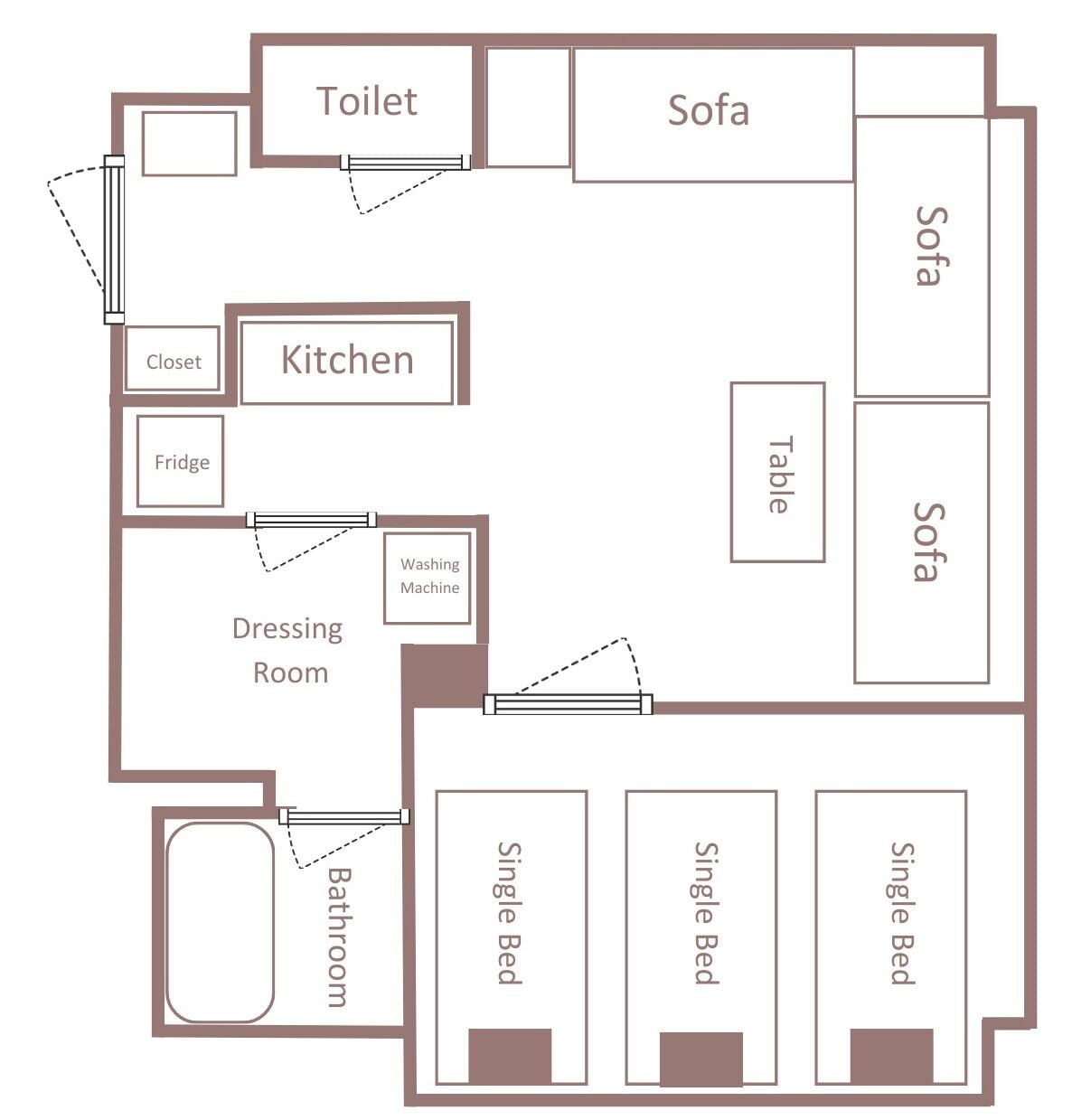 Plano de planta que muestra una cocina, dos sofás, una mesa, una cama individual, un vestidor, una lavadora, un armario, un refrigerador, un inodoro y un baño.