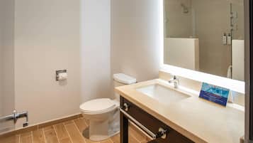 Un baño moderno con inodoro, lavabo y zona de ducha.