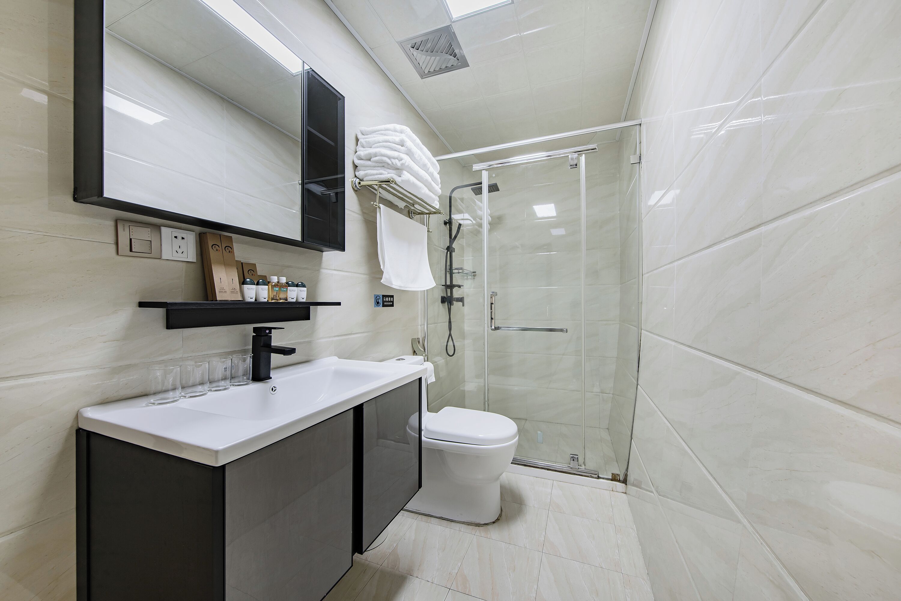 A modern bathroom with a white sink, a toilet, a glass shower enclosure, and a mirror above the sink.