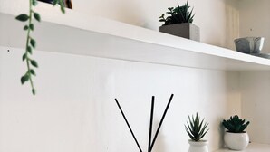 A minimalist shelf with potted plants and a reed diffuser.