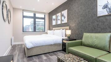 2 habitaciones, escritorio y tabla de planchar con plancha